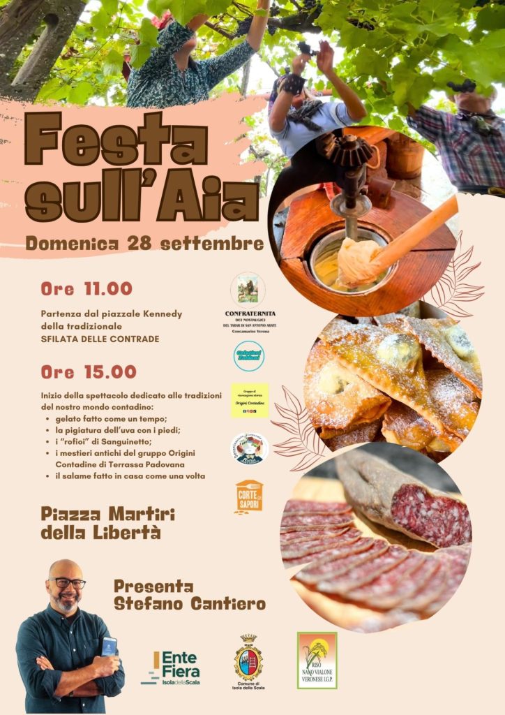 Domenica 28 settembre a Isola della Scala, Stefano Cantiero racconta la Festa sull’Aia: spettacolo, cultura e sapori della tradizione contadina.